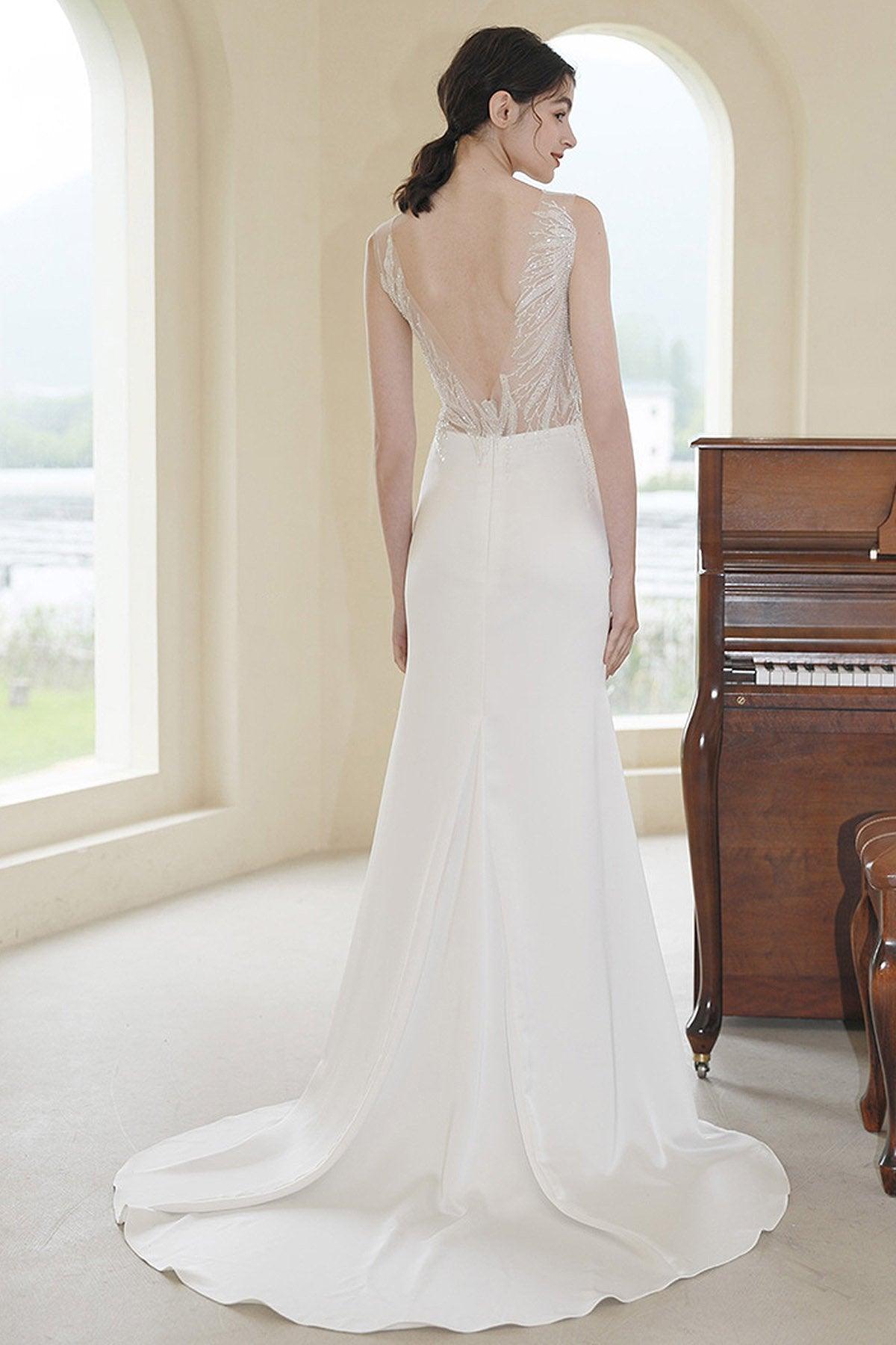 Sheath Sweep-Brush Train Lace Satin Wedding Dress CW3055 - COCOMELODY