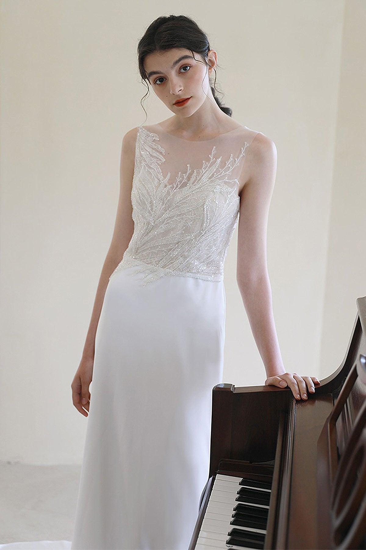 Sheath Sweep-Brush Train Lace Satin Wedding Dress CW3055 - COCOMELODY