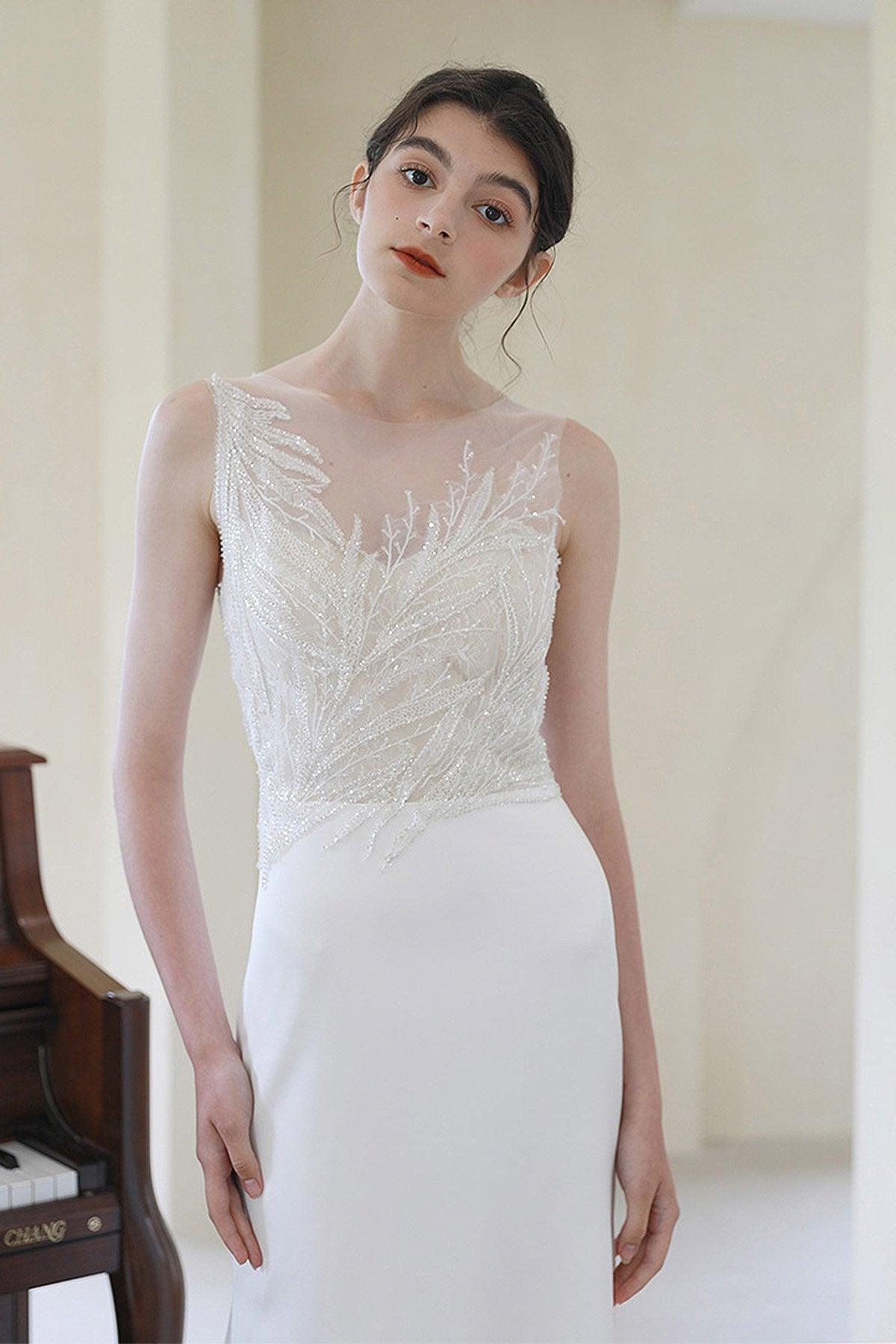 Sheath Sweep-Brush Train Lace Satin Wedding Dress CW3055 - COCOMELODY