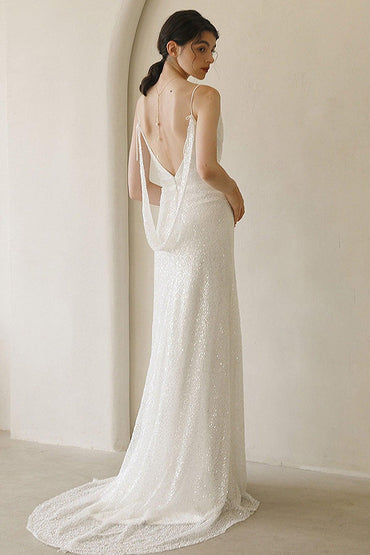 Sheath Sweep-Brush Train Sequined Lace Wedding Dress CW3056 - COCOMELODY
