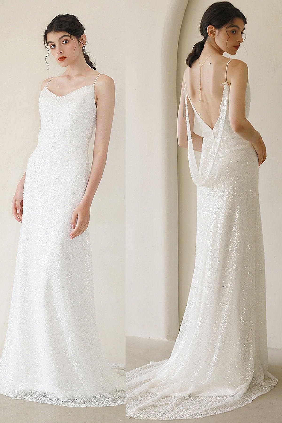 Sheath Sweep-Brush Train Sequined Lace Wedding Dress CW3056 - COCOMELODY
