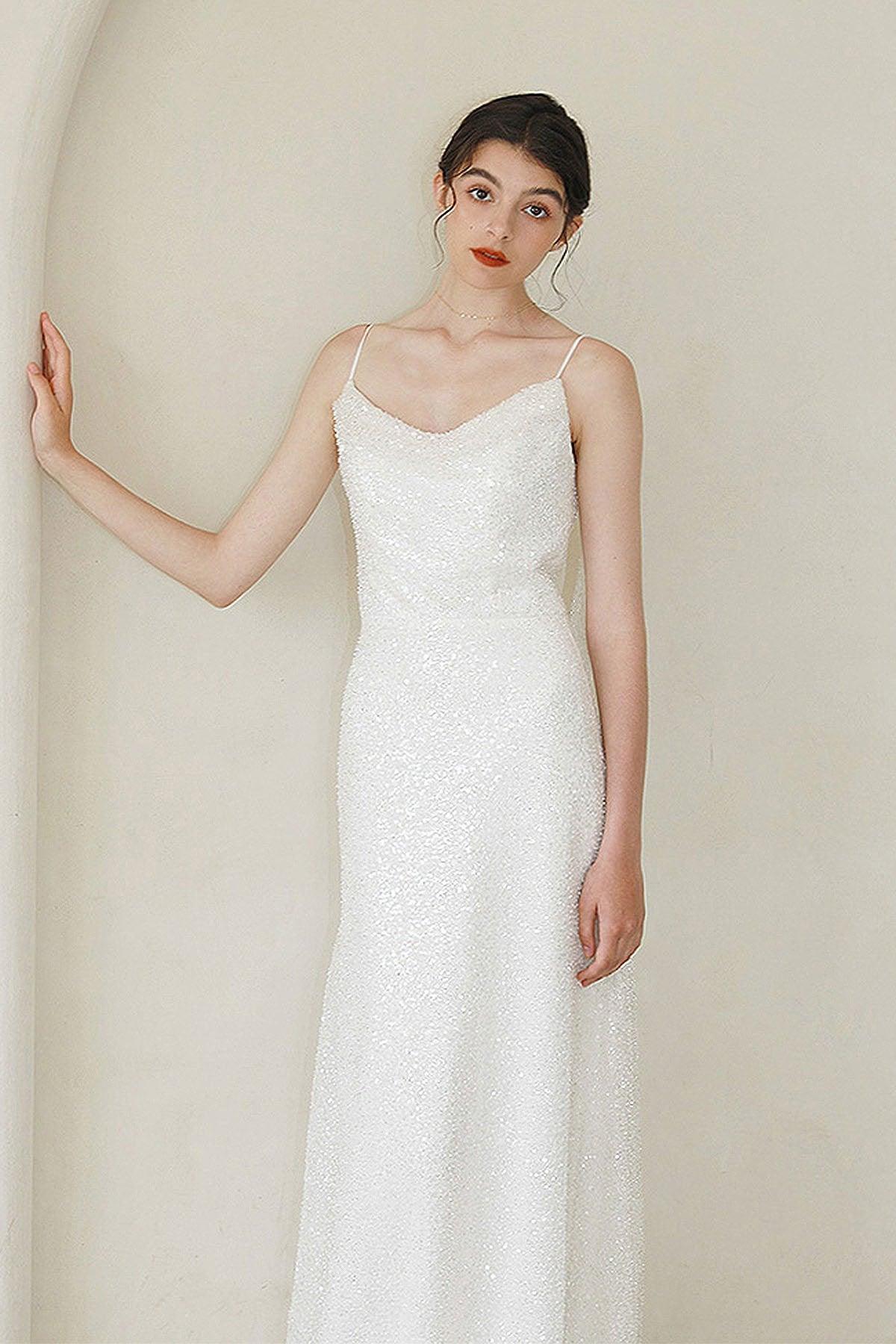 Sheath Sweep-Brush Train Sequined Lace Wedding Dress CW3056 - COCOMELODY