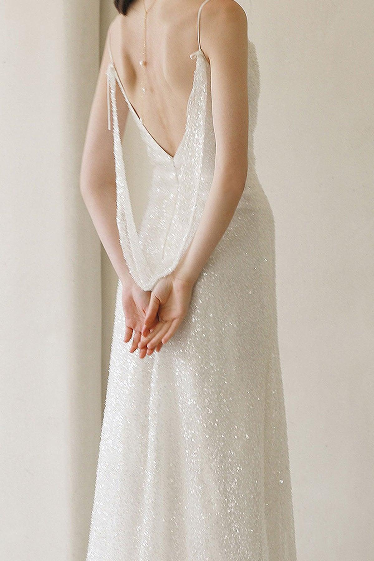 Sheath Sweep-Brush Train Sequined Lace Wedding Dress CW3056 - COCOMELODY
