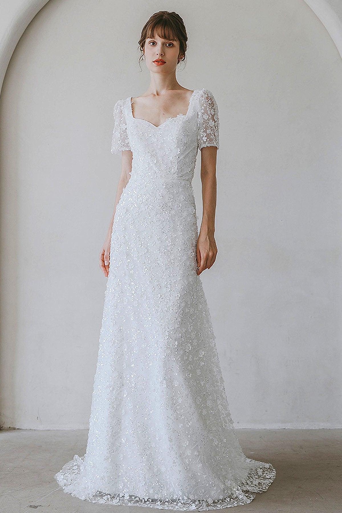 Sheath-Column Sweep-Brush Train Lace Wedding Dress CW3057 - COCOMELODY