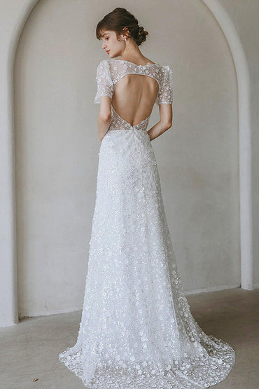 Sheath-Column Sweep-Brush Train Lace Wedding Dress CW3057 - COCOMELODY