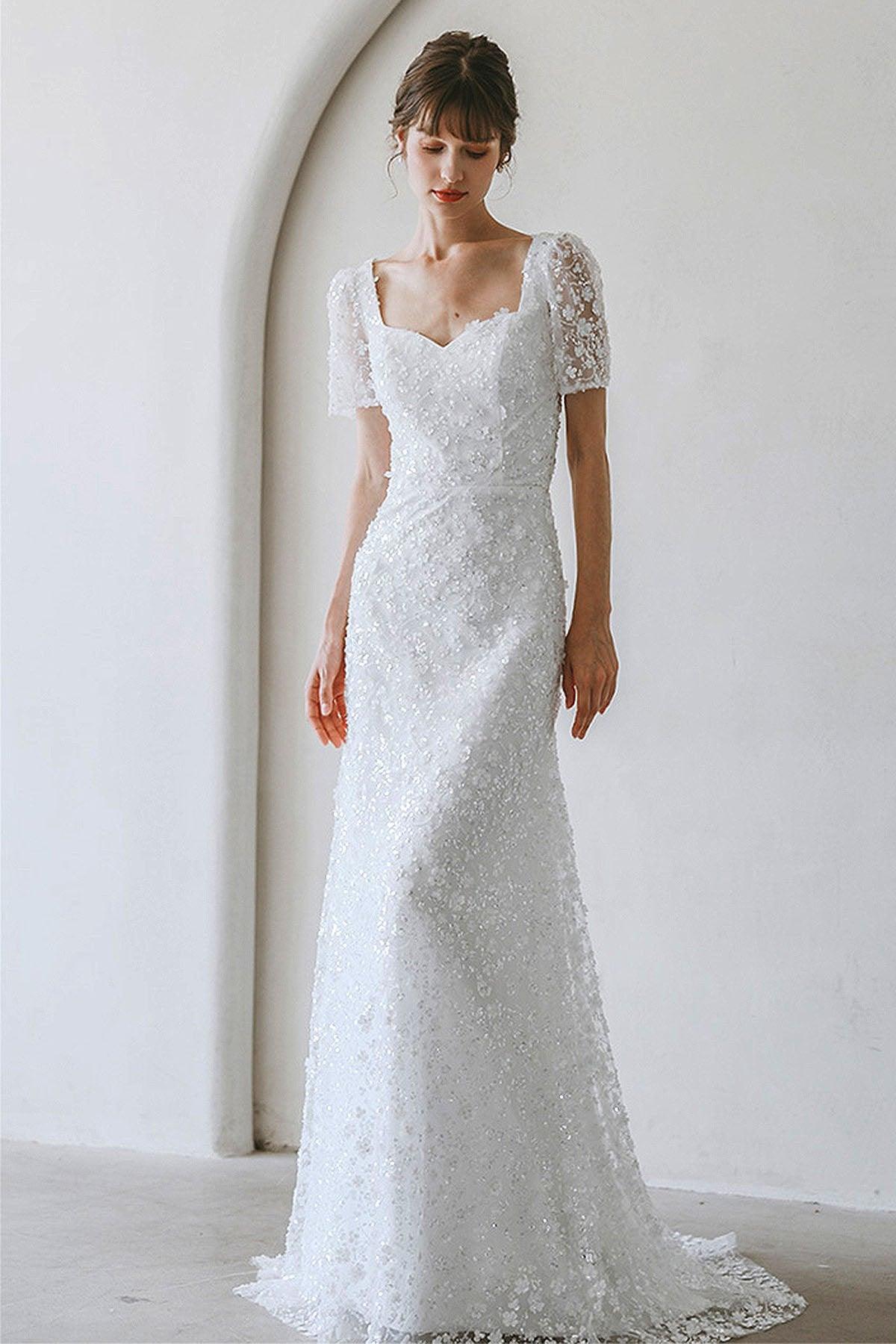 Sheath-Column Sweep-Brush Train Lace Wedding Dress CW3057 - COCOMELODY
