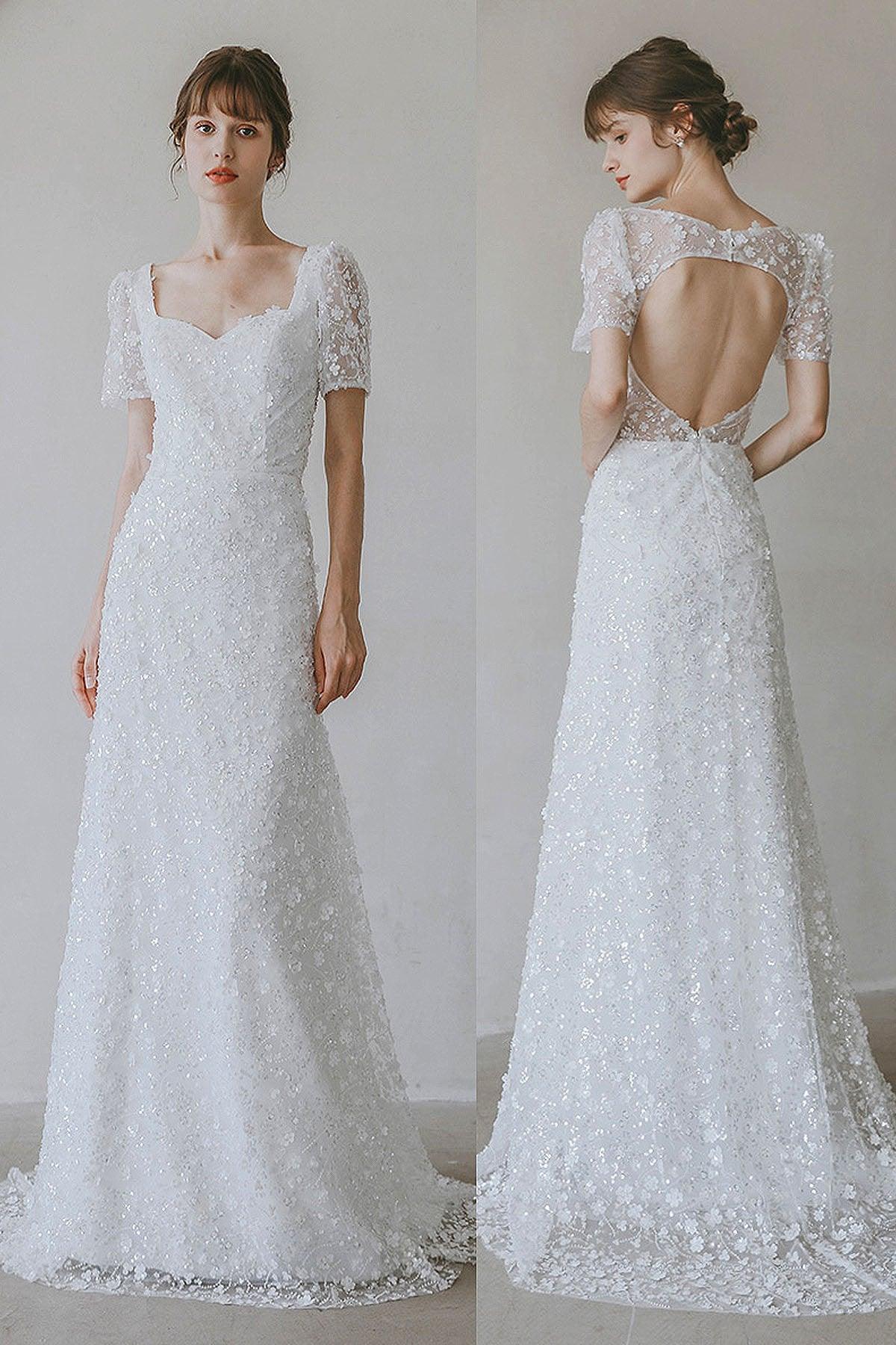 Sheath-Column Sweep-Brush Train Lace Wedding Dress CW3057 - COCOMELODY