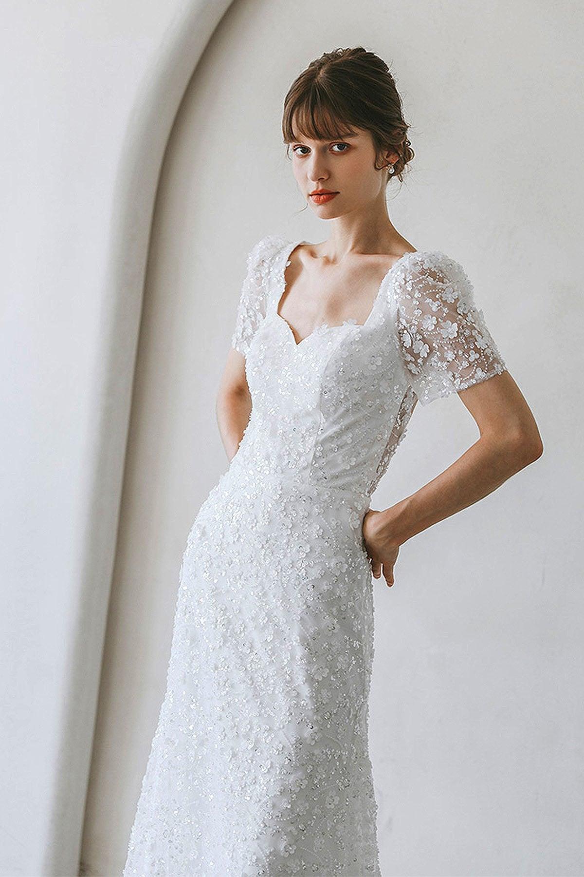 Sheath-Column Sweep-Brush Train Lace Wedding Dress CW3057 - COCOMELODY