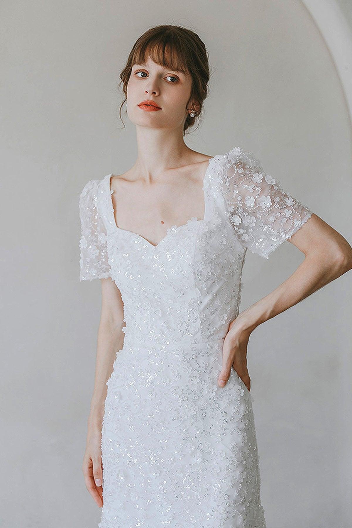 Sheath-Column Sweep-Brush Train Lace Wedding Dress CW3057 - COCOMELODY