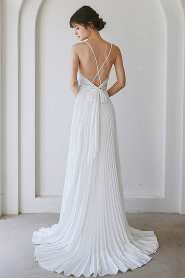 A-Line Sweep-Brush Train Crushed Material Wedding Dress CW3059 - COCOMELODY