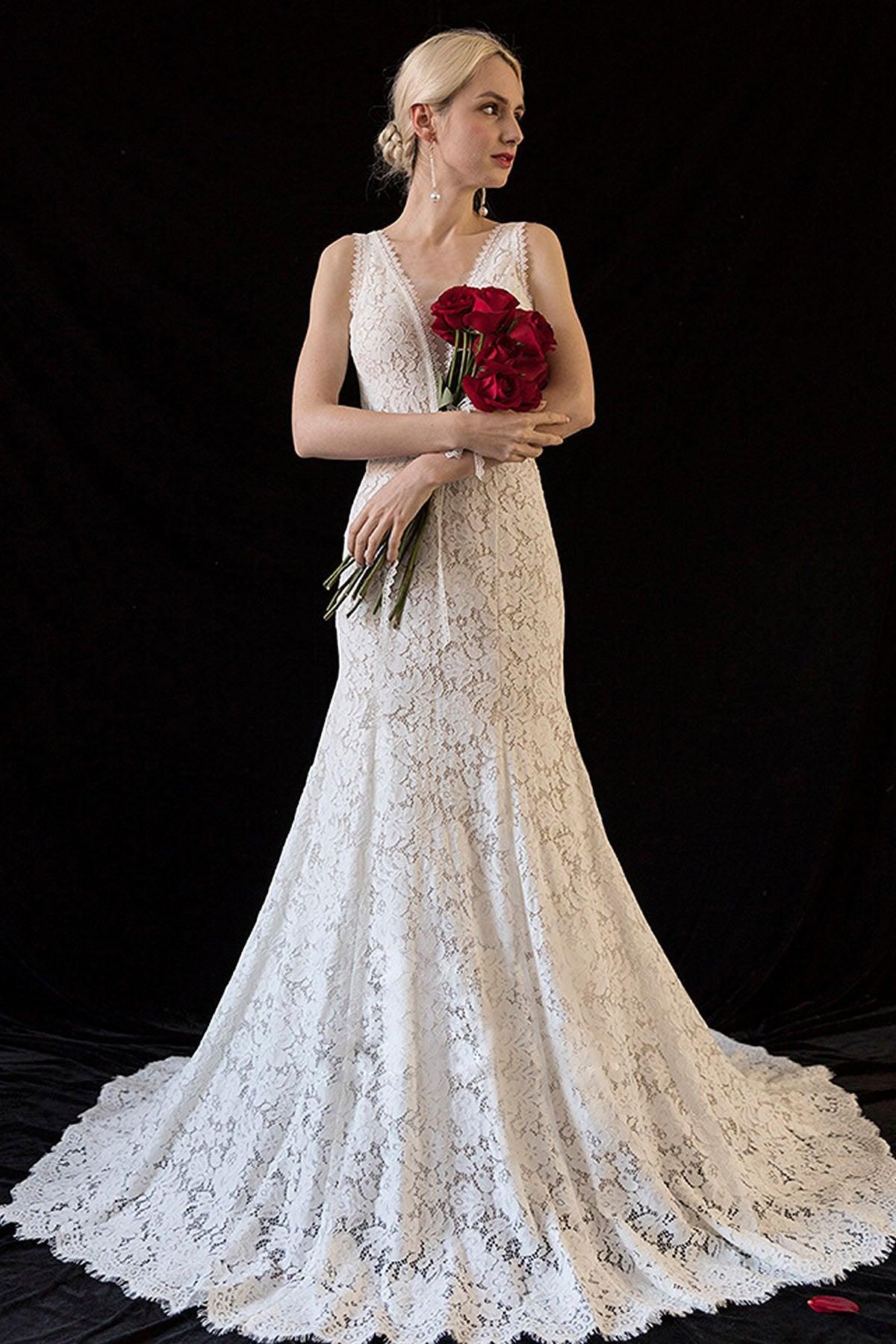 Trumpet-Mermaid Sweep-Brush Train Lace Wedding Dress CW3060 - COCOMELODY