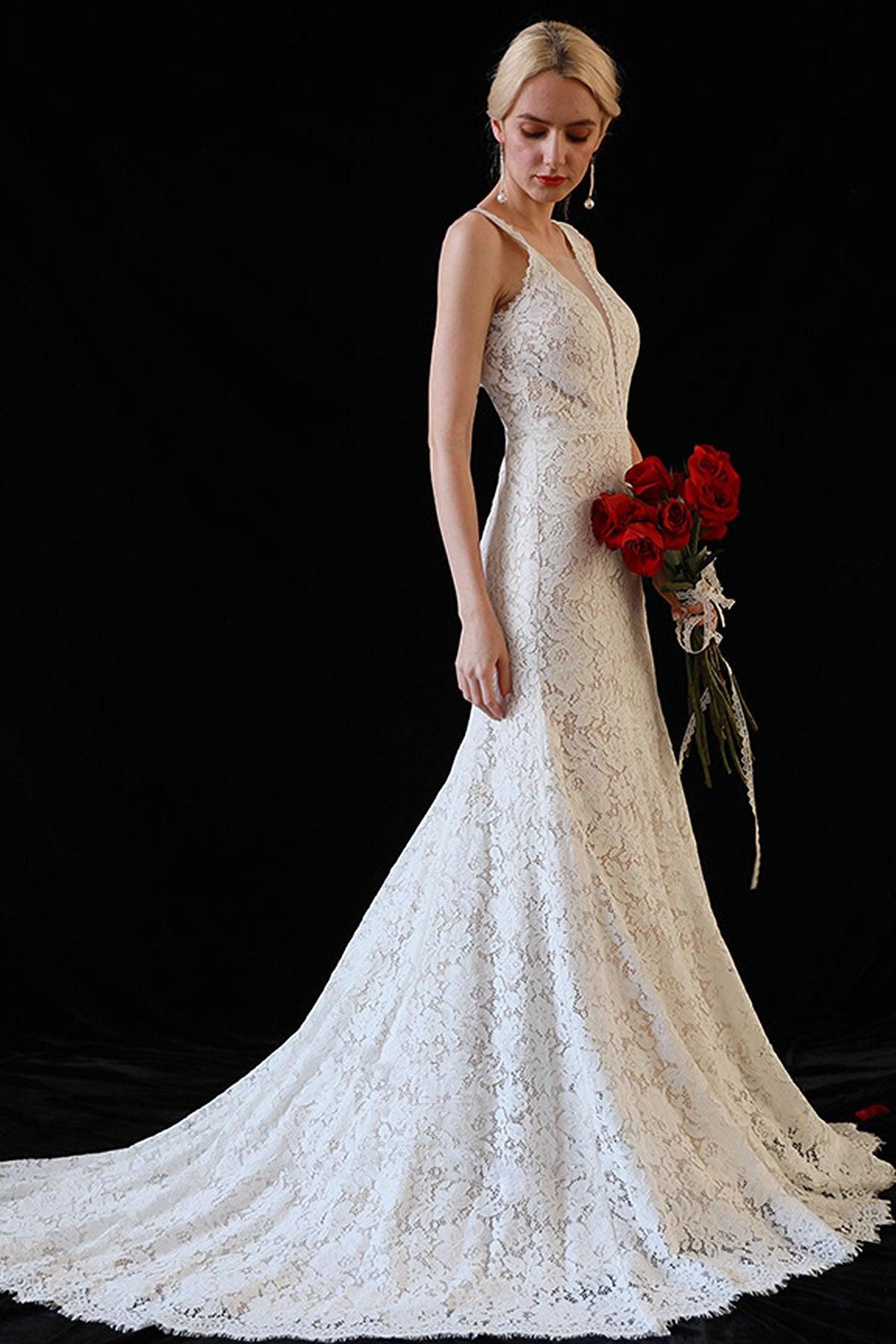 Trumpet-Mermaid Sweep-Brush Train Lace Wedding Dress CW3060 - COCOMELODY