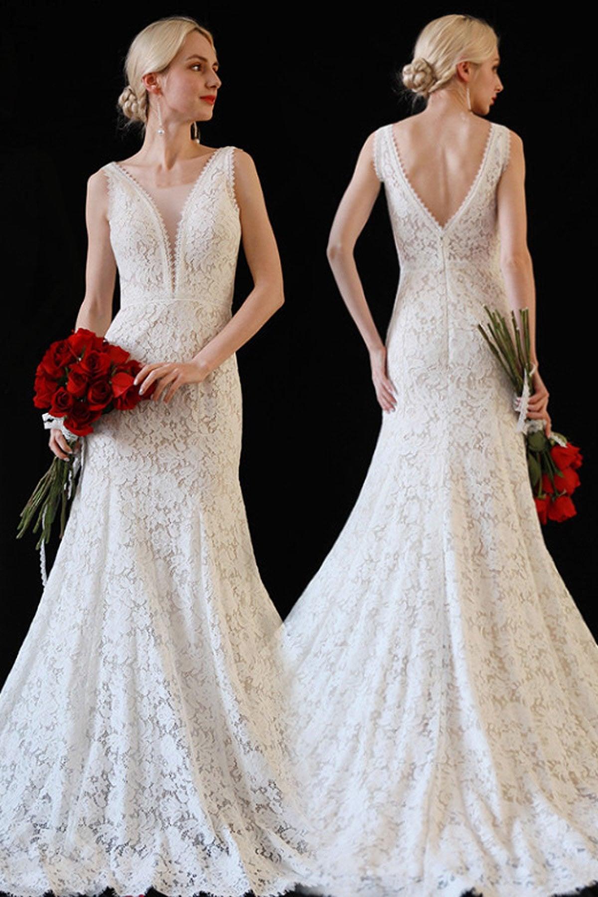 Trumpet-Mermaid Sweep-Brush Train Lace Wedding Dress CW3060 - COCOMELODY