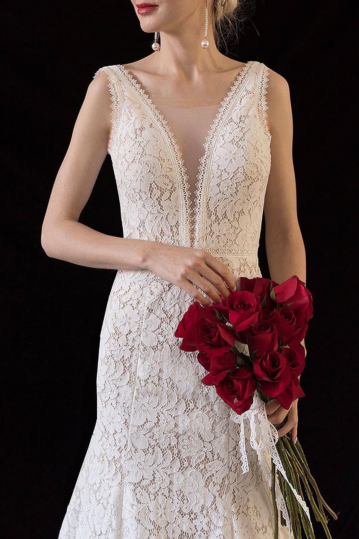 Trumpet-Mermaid Sweep-Brush Train Lace Wedding Dress CW3060 - COCOMELODY