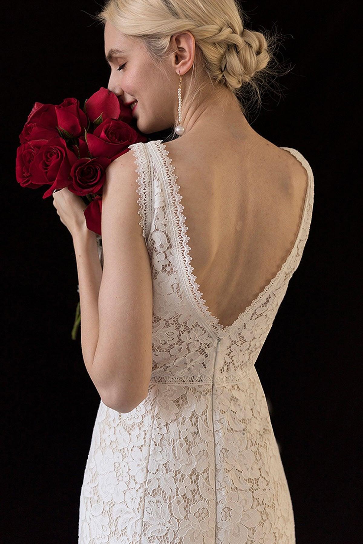 Trumpet-Mermaid Sweep-Brush Train Lace Wedding Dress CW3060 - COCOMELODY