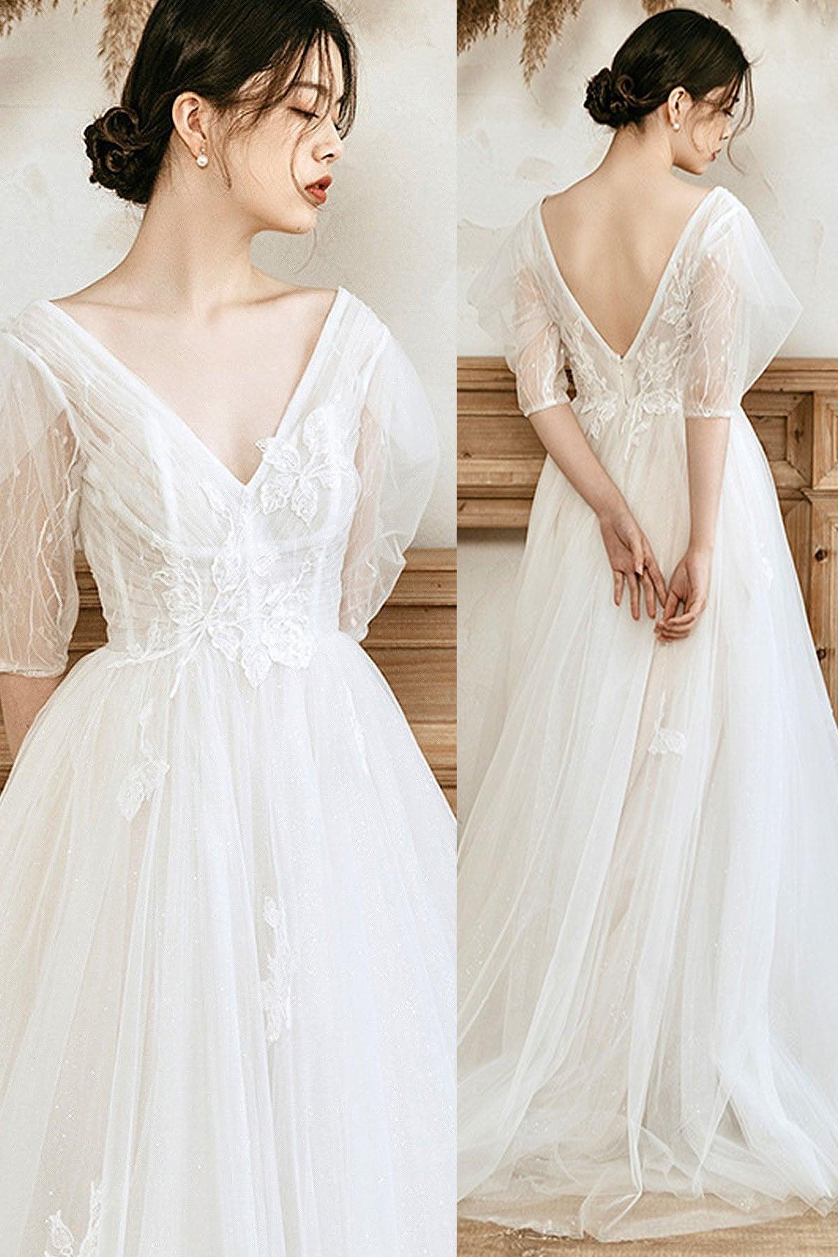 A-Line Sweep-Brush Train Lace Tulle Wedding Dress CW3061 - COCOMELODY