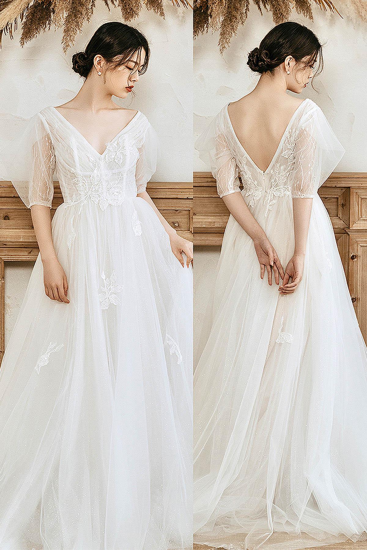 A-Line Sweep-Brush Train Lace Tulle Wedding Dress CW3061 - COCOMELODY
