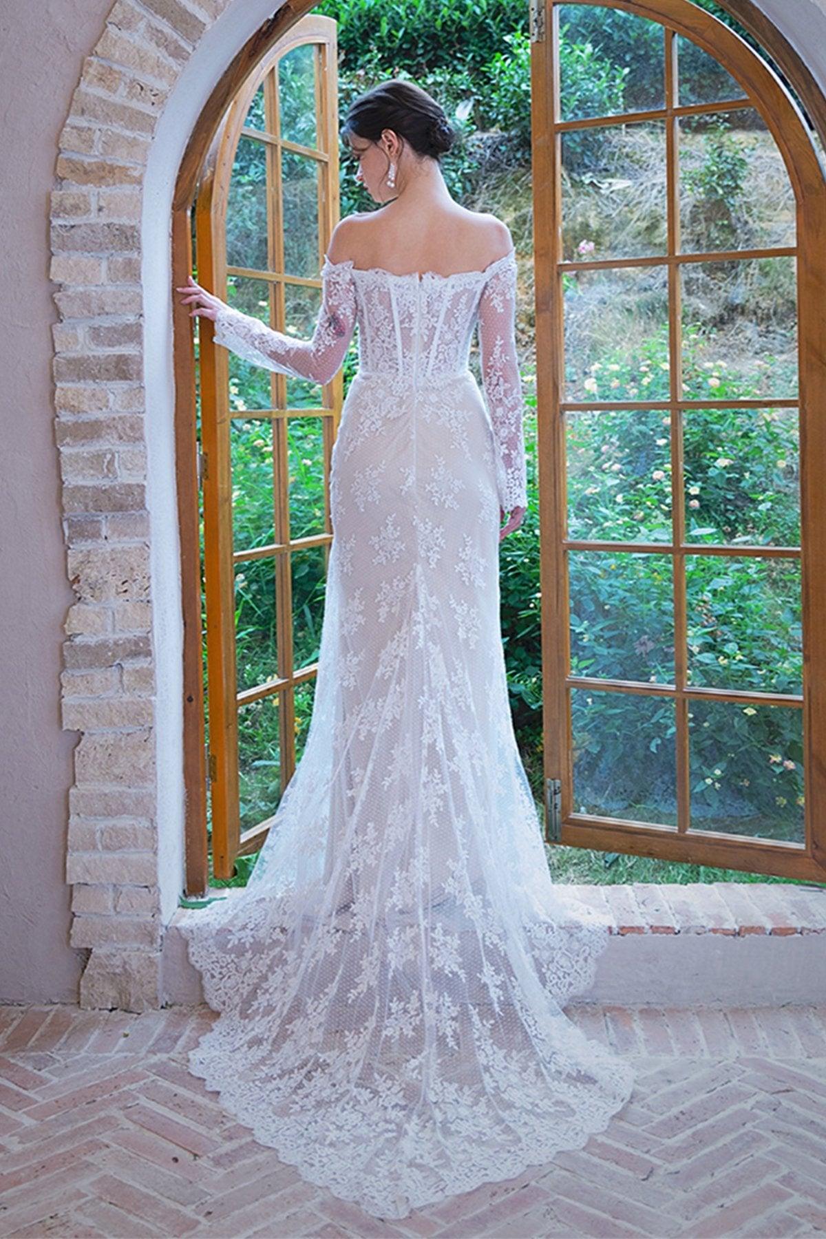 Trumpet-Mermaid Court Train Lace Tulle Wedding Dress CW3062 - COCOMELODY
