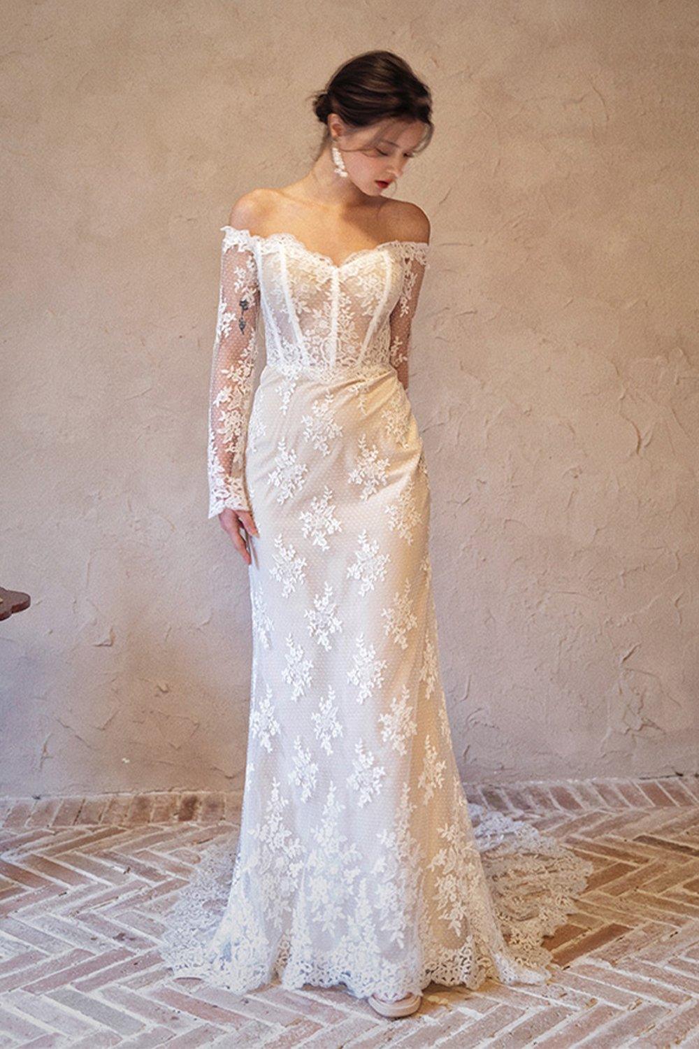 Trumpet-Mermaid Court Train Lace Tulle Wedding Dress CW3062 - COCOMELODY