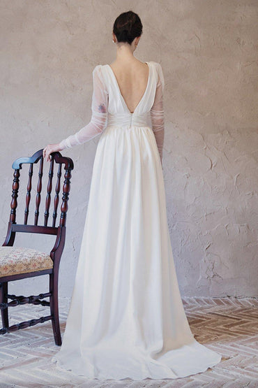 A-Line Sweep-Brush Train Chiffon Tulle Wedding Dress CW3063 - COCOMELODY