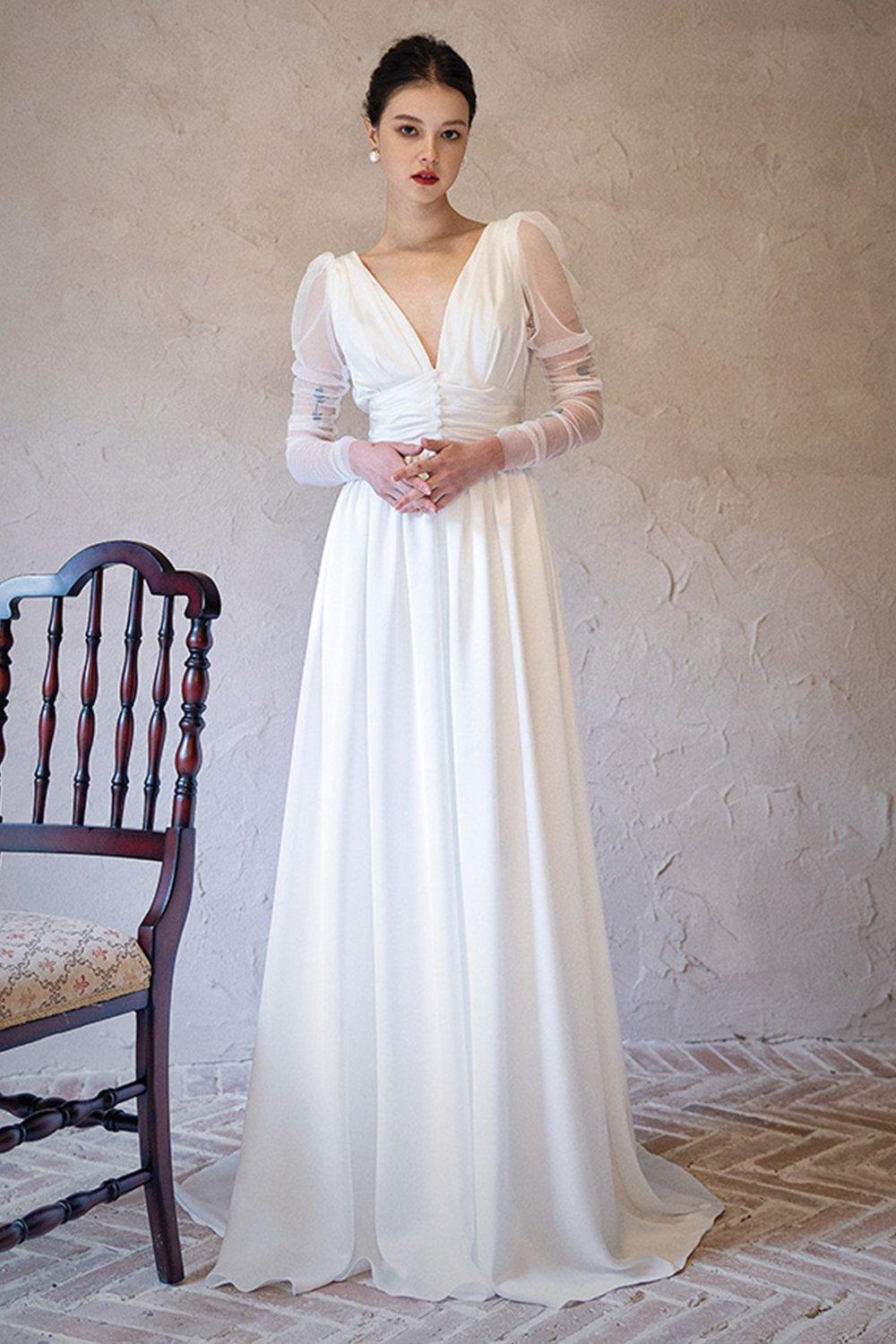 A-Line Sweep-Brush Train Chiffon Tulle Wedding Dress CW3063 - COCOMELODY