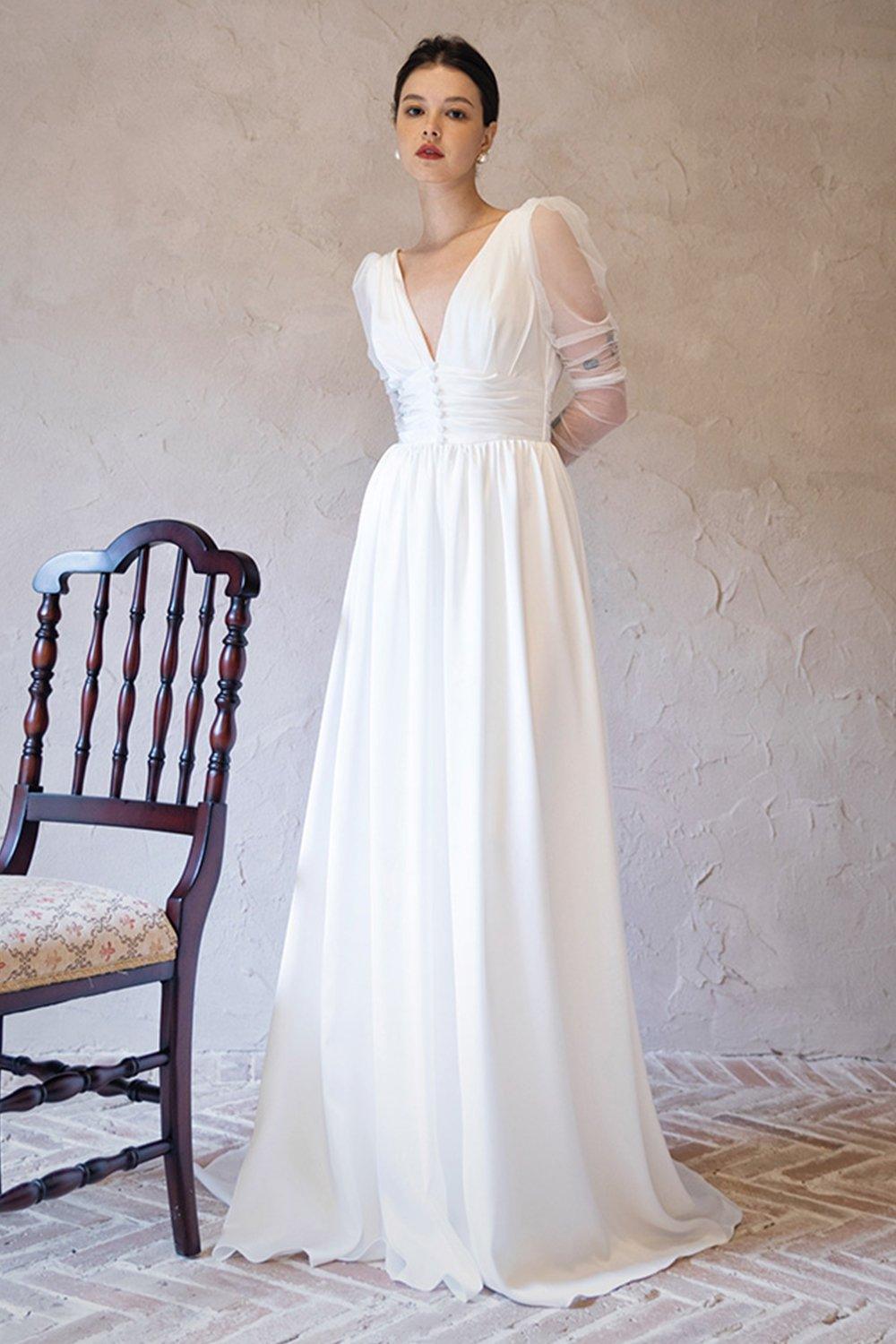 A-Line Sweep-Brush Train Chiffon Tulle Wedding Dress CW3063 - COCOMELODY