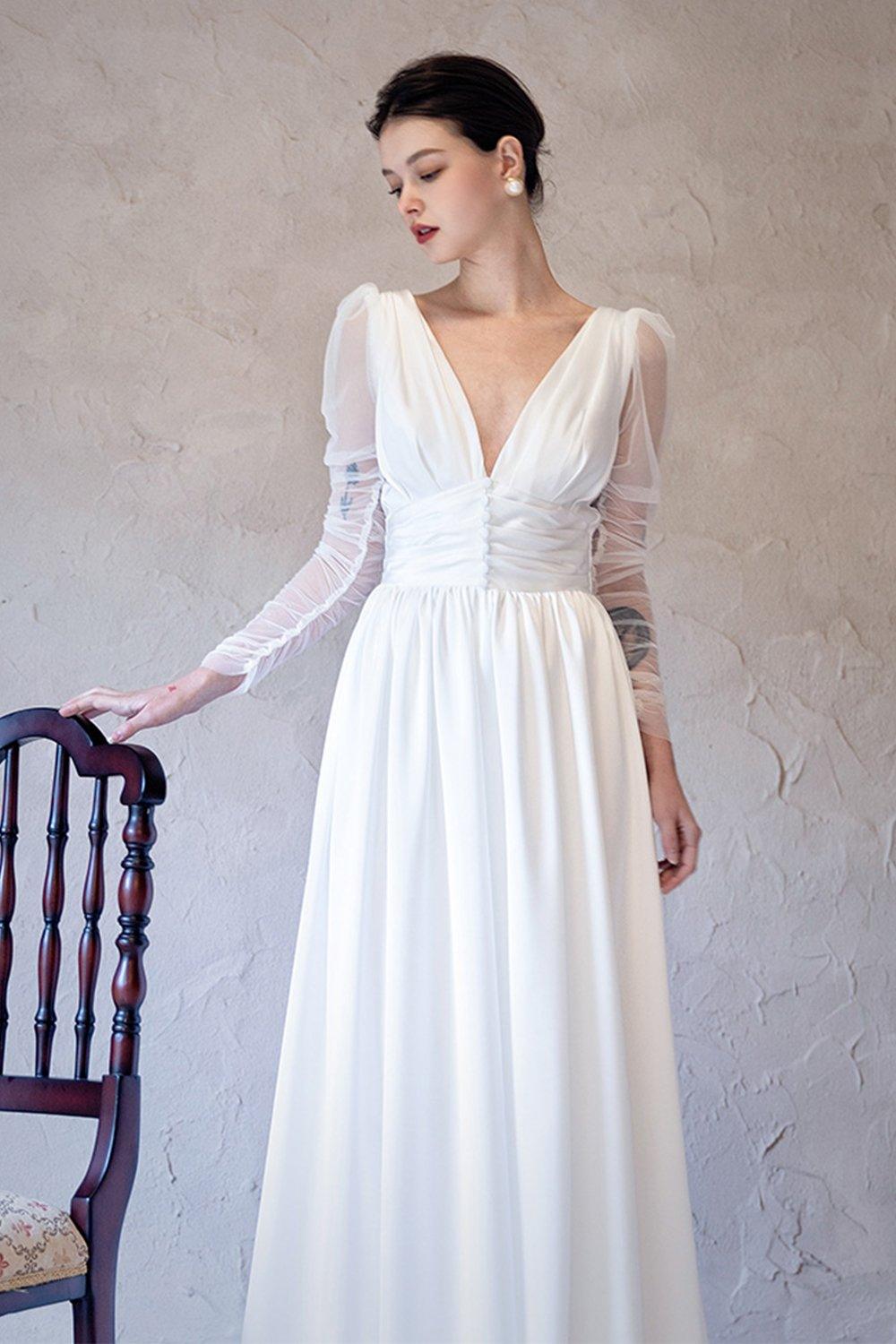 A-Line Sweep-Brush Train Chiffon Tulle Wedding Dress CW3063 - COCOMELODY