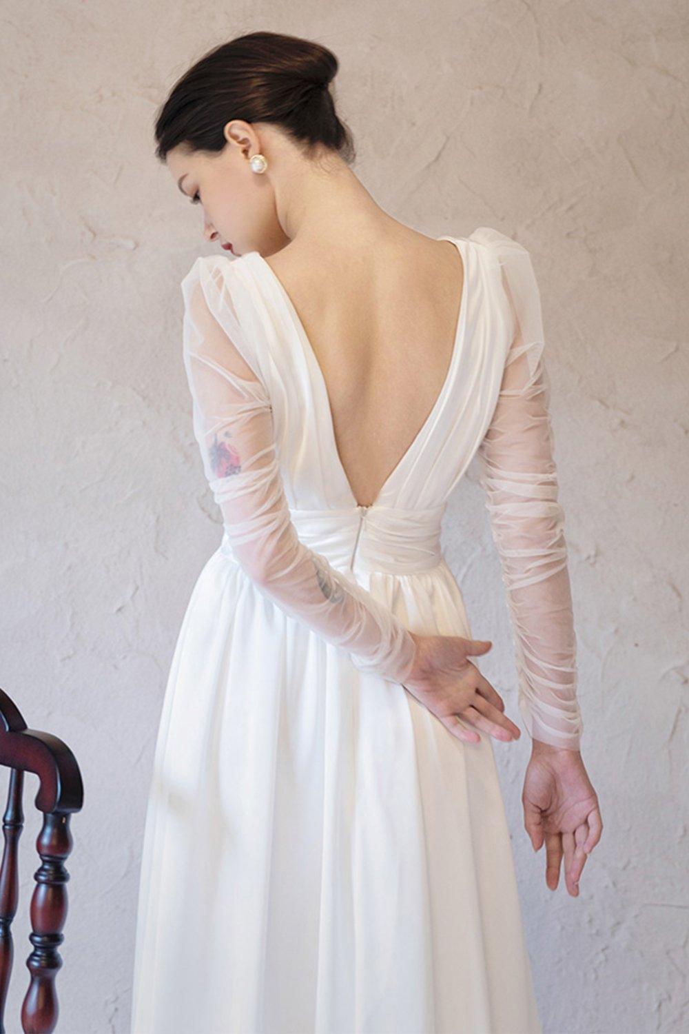 A-Line Sweep-Brush Train Chiffon Tulle Wedding Dress CW3063 - COCOMELODY