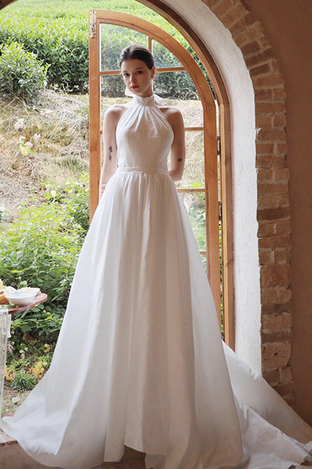 A-Line Sweep-Brush Train Taffeta Wedding Dress CW3064 - COCOMELODY