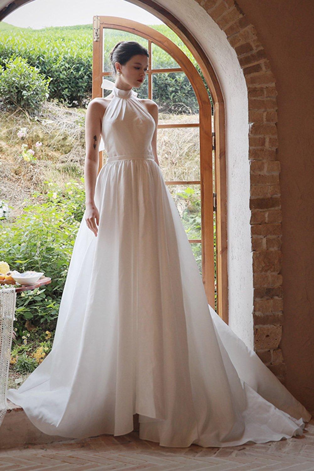 A-Line Sweep-Brush Train Taffeta Wedding Dress CW3064 - COCOMELODY