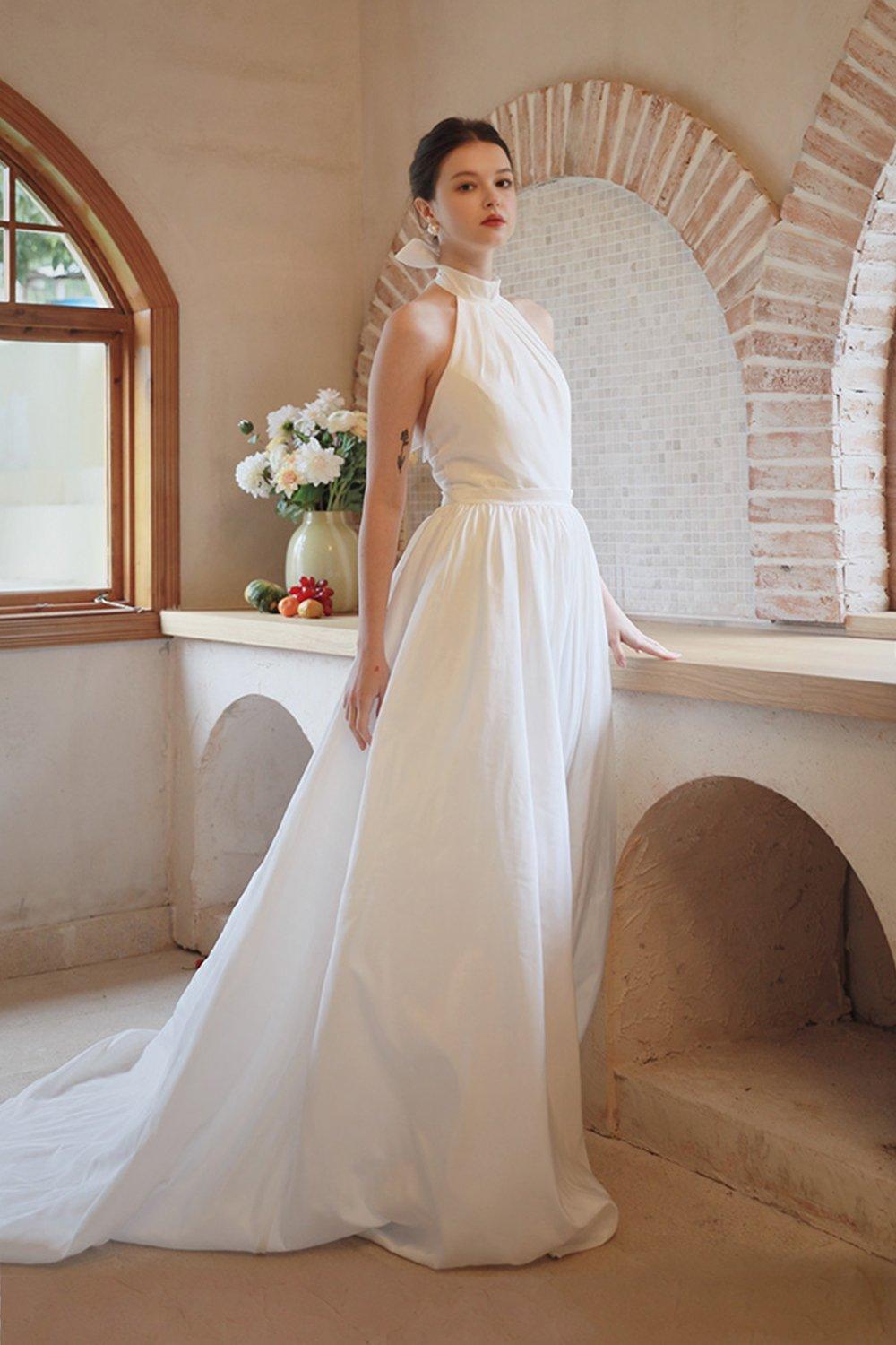 A-Line Sweep-Brush Train Taffeta Wedding Dress CW3064 - COCOMELODY