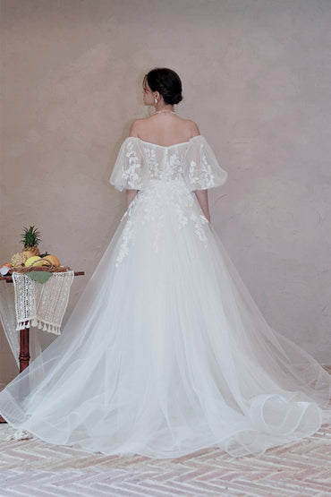 A-Line Sweep-Brush Train Lace Tulle Wedding Dress CW3065