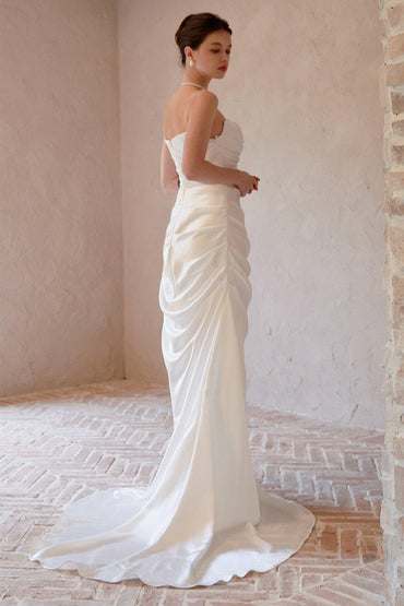 Sheath-Column Sweep-Brush Train Satin Wedding Dress CW3067 - COCOMELODY
