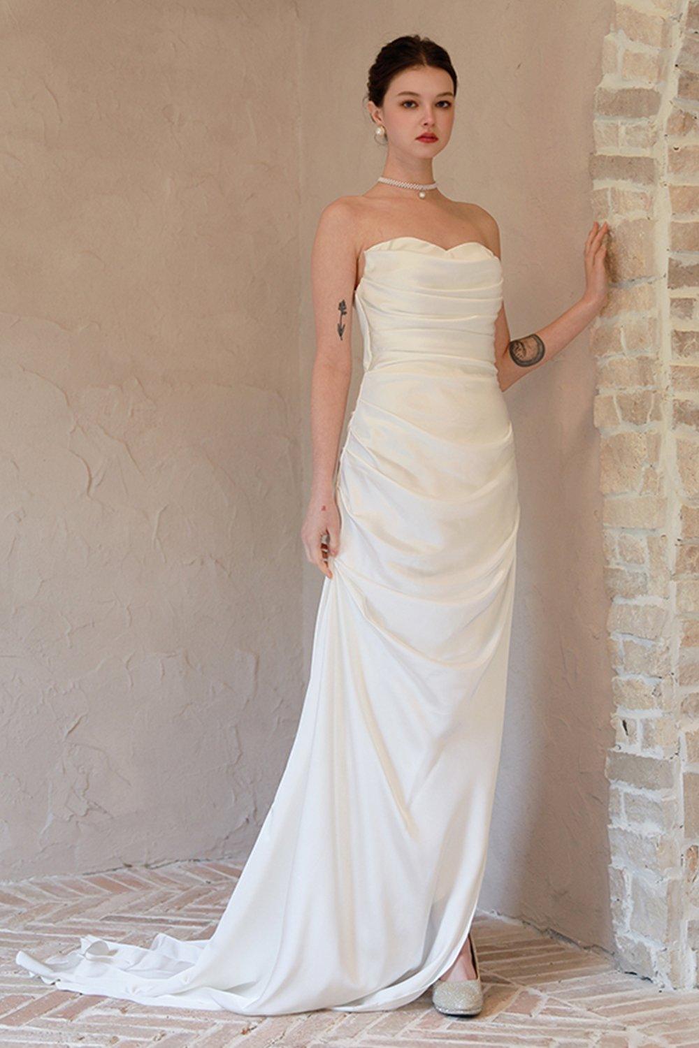 Sheath-Column Sweep-Brush Train Satin Wedding Dress CW3067 - COCOMELODY