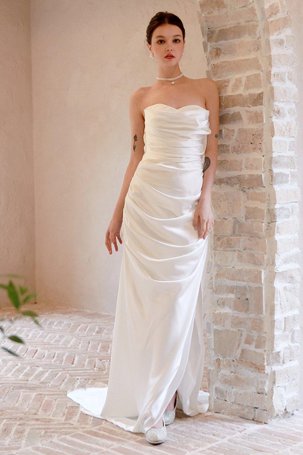 Sheath-Column Sweep-Brush Train Satin Wedding Dress CW3067 - COCOMELODY
