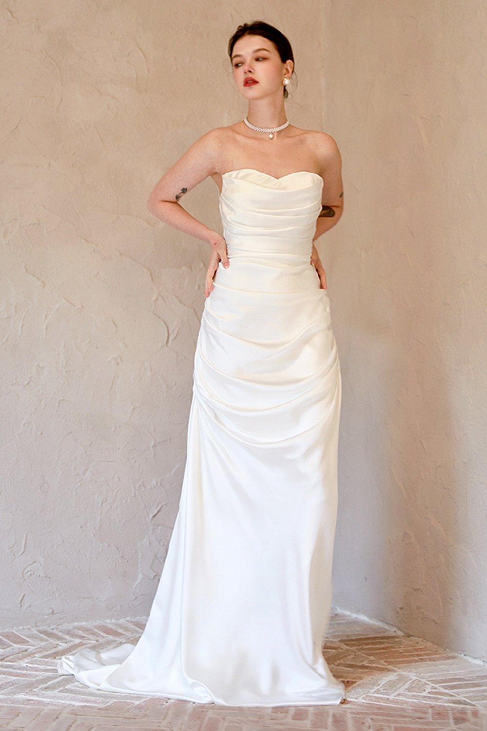 Sheath-Column Sweep-Brush Train Satin Wedding Dress CW3067 - COCOMELODY