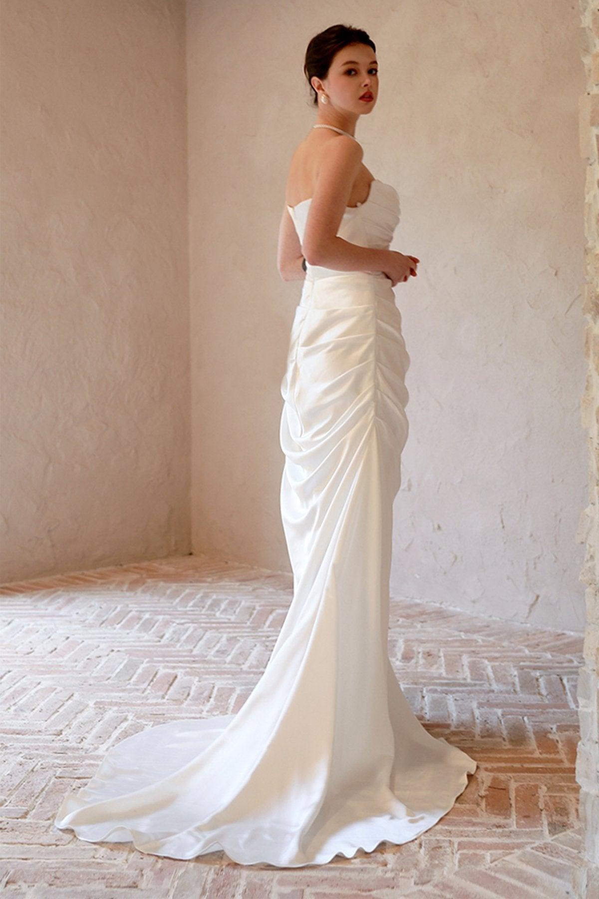Sheath-Column Sweep-Brush Train Satin Wedding Dress CW3067 - COCOMELODY