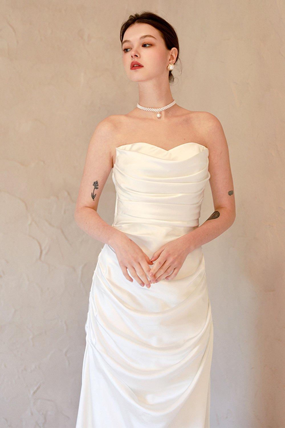 Sheath-Column Sweep-Brush Train Satin Wedding Dress CW3067 - COCOMELODY