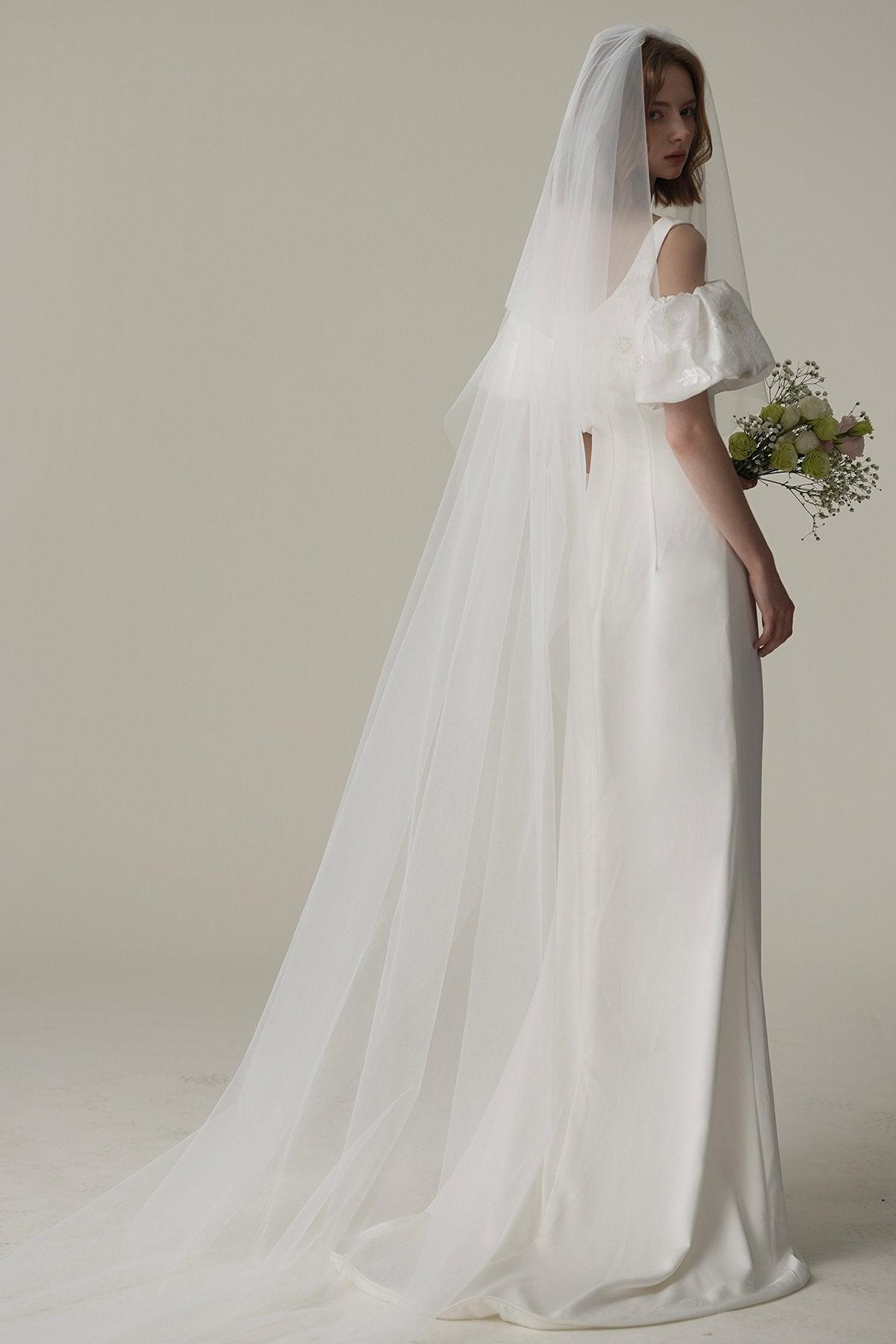 Sheath Sweep-Brush Train Satin Jacquard Wedding Dress CW3077 - COCOMELODY