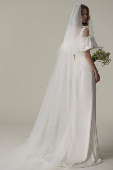 Sheath Sweep-Brush Train Satin Jacquard Wedding Dress CW3077 - COCOMELODY