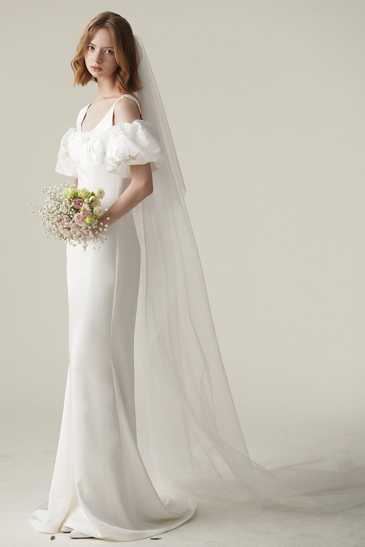 Sheath Sweep-Brush Train Satin Jacquard Wedding Dress CW3077 - COCOMELODY