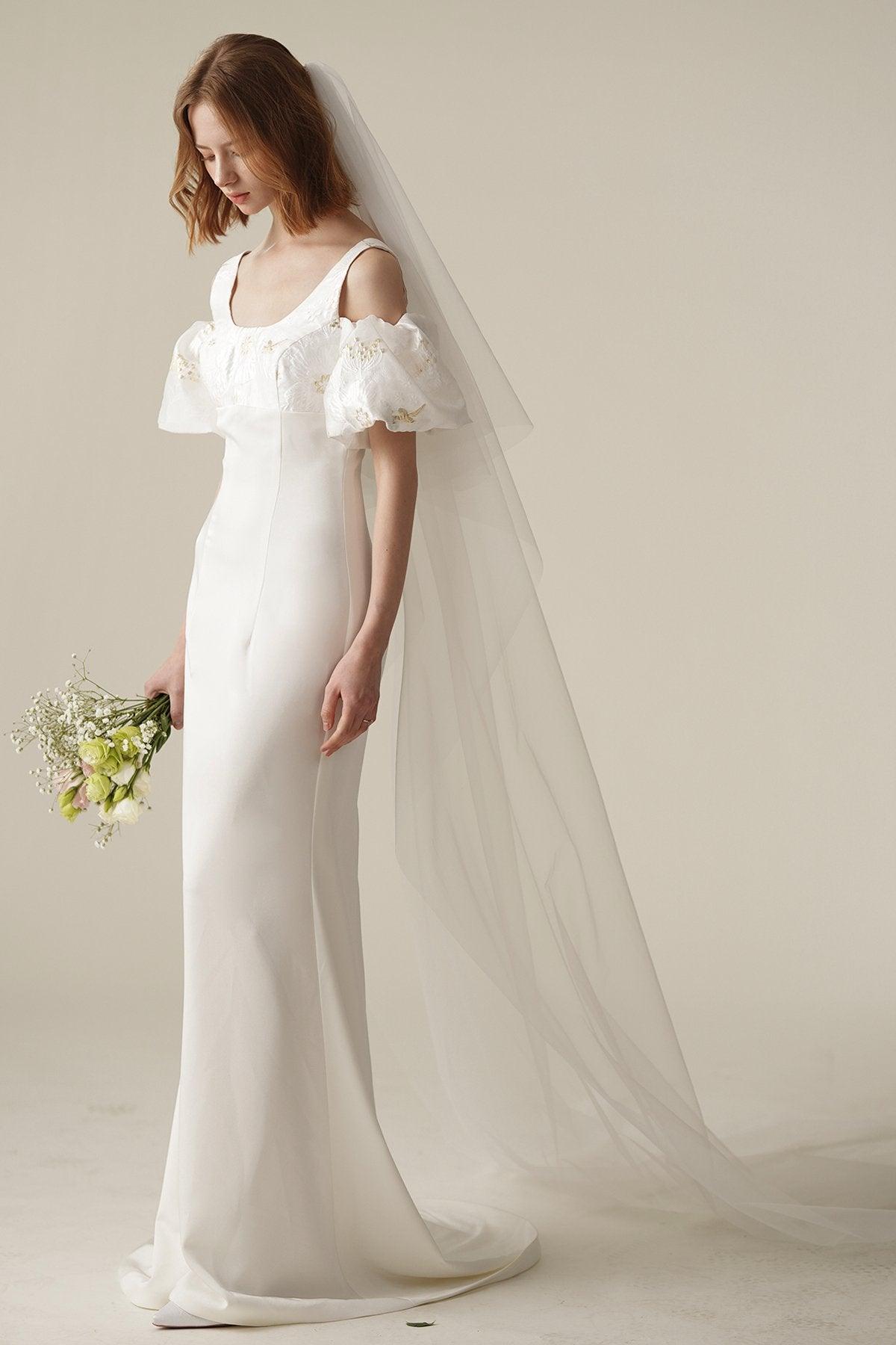 Sheath Sweep-Brush Train Satin Jacquard Wedding Dress CW3077 - COCOMELODY