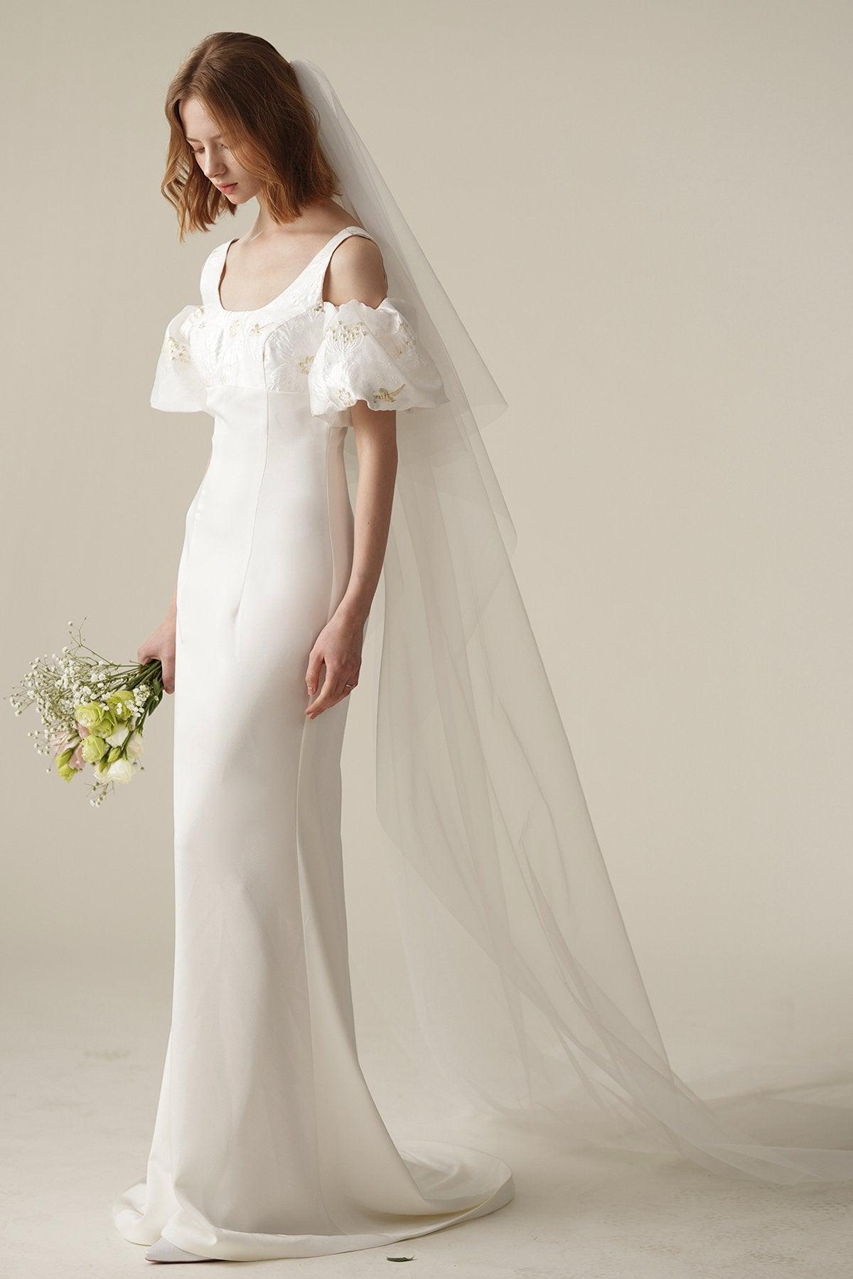 Sheath Sweep-Brush Train Satin Jacquard Wedding Dress CW3077