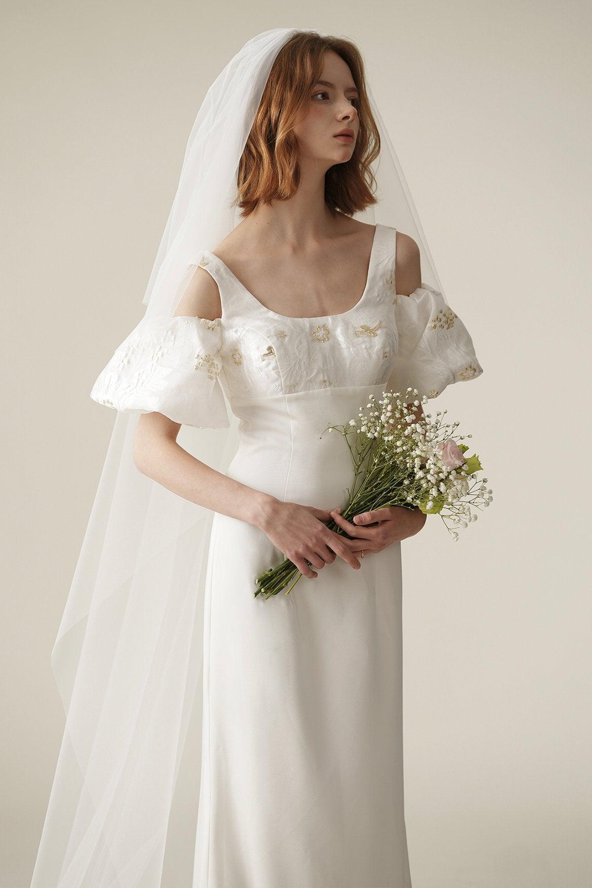 Sheath Sweep-Brush Train Satin Jacquard Wedding Dress CW3077 - COCOMELODY