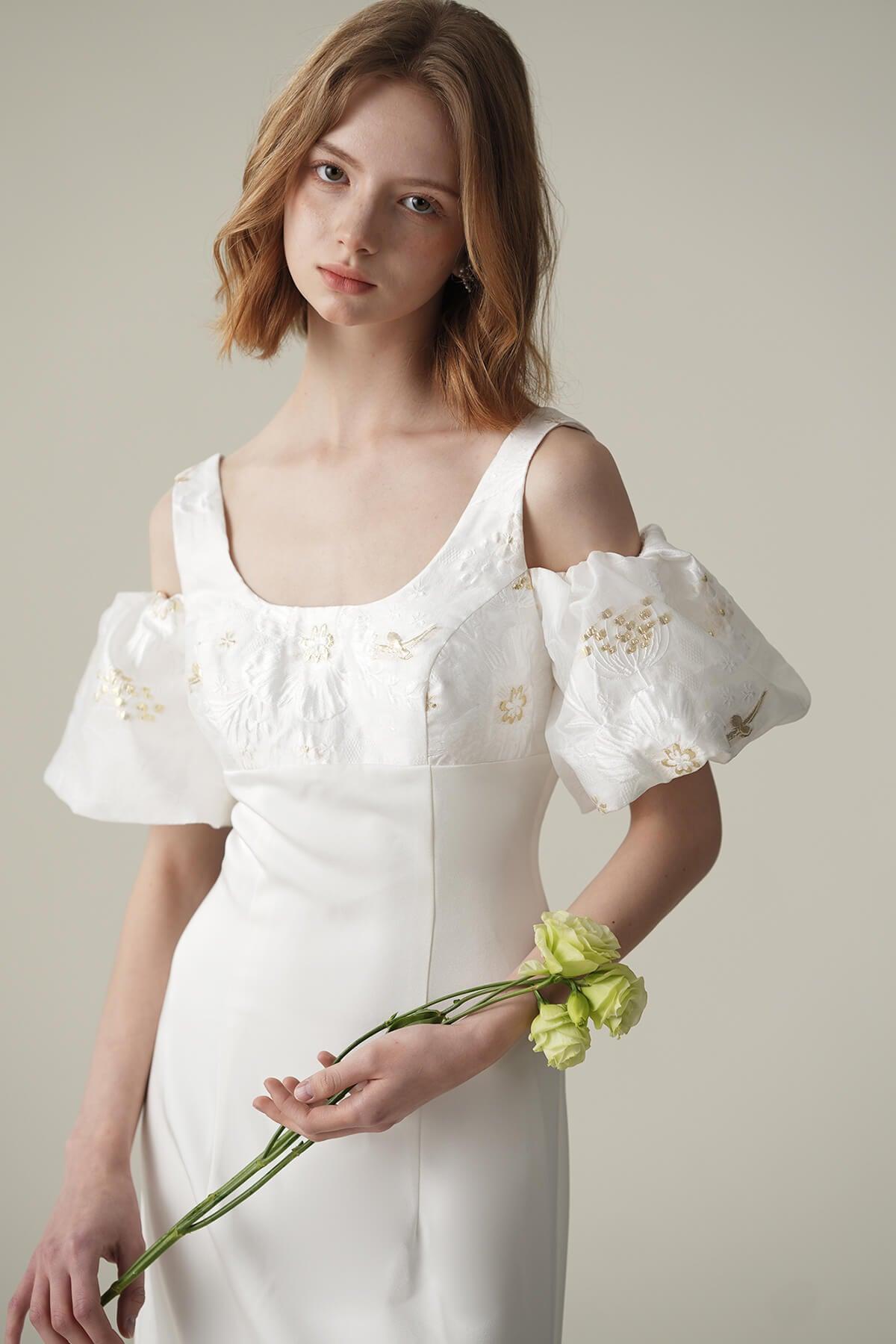 Sheath Sweep-Brush Train Satin Jacquard Wedding Dress CW3077 - COCOMELODY