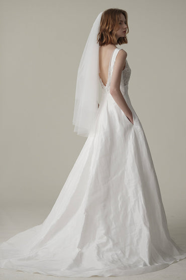 A-Line Sweep-Brush Train Lace Taffeta Wedding Dress CW3079