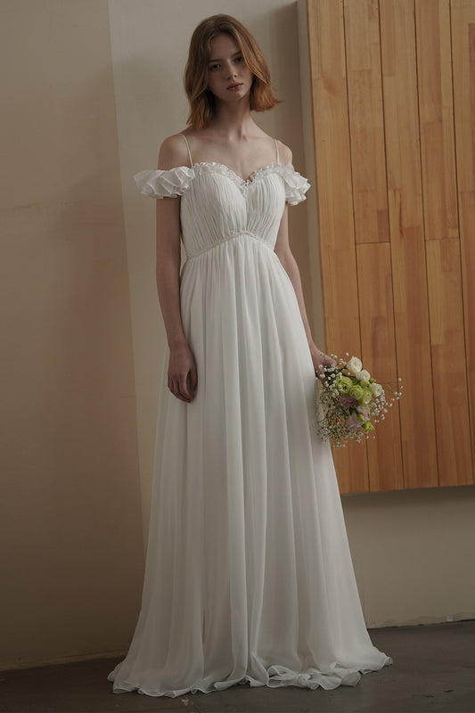 A-Line Sweep-Brush Train Chiffon Wedding Dress CW3080