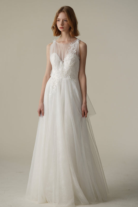 A-Line Sweep-Brush Train Lace Tulle Wedding Dress CW3082