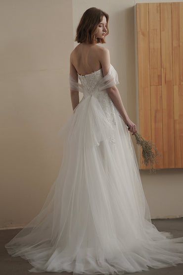 A-Line Sweep-Brush Train Lace Tulle Wedding Dress CW3083