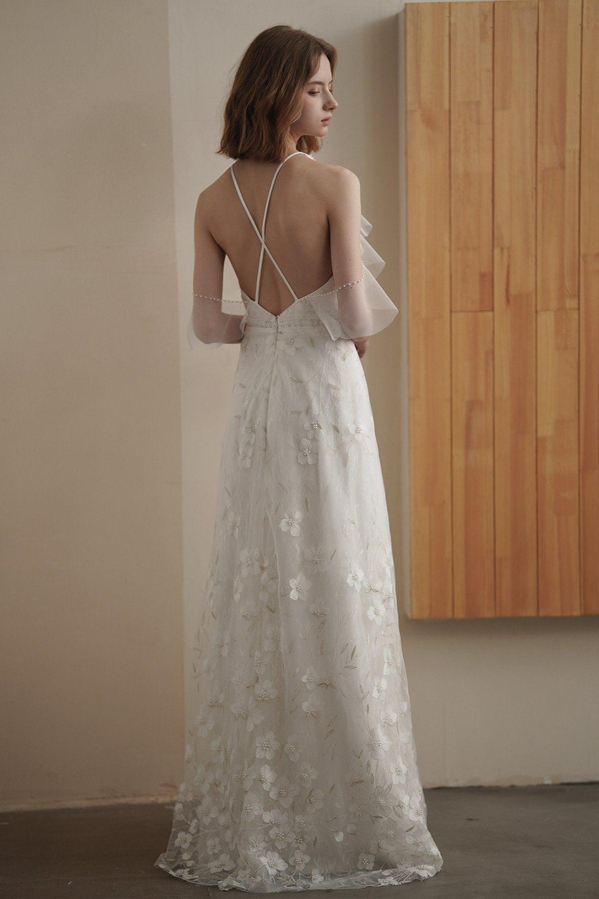 Sheath-Column Floor Length Lace Tulle Wedding Dress CW3084 - COCOMELODY